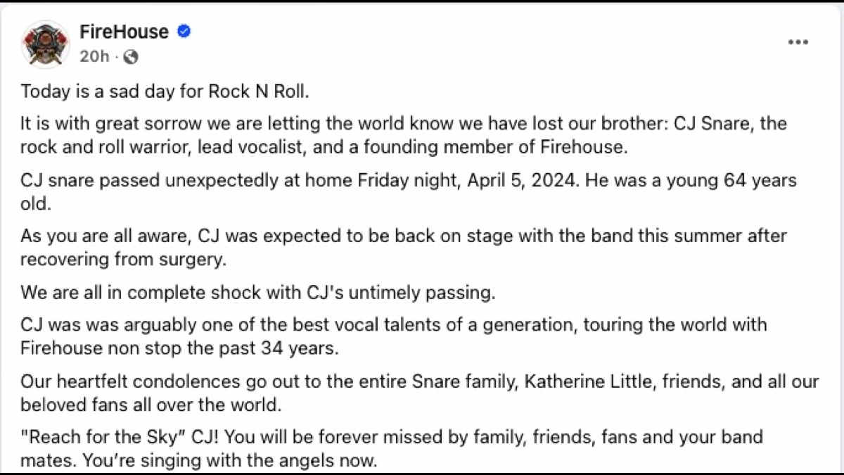 Firehouse Lead Singer CJ Snare Dead At 64